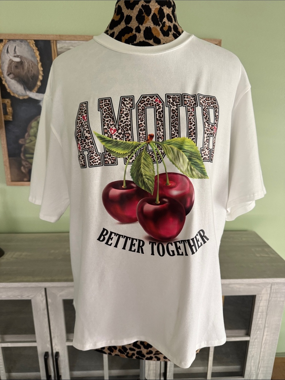 White Graphic Tee with Cherries and 'Amour' Leopard Print